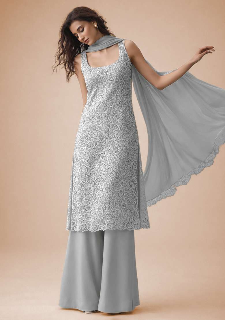Light Grey Embroidered Crepe Sharara Set - Indya