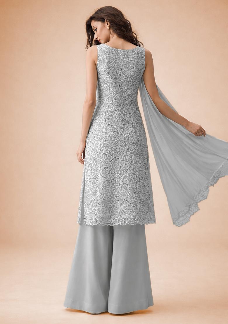 Light Grey Embroidered Crepe Sharara Set - Indya