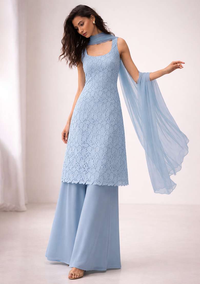 Powder Blue Embroidered Crepe Sharara Set - Indya