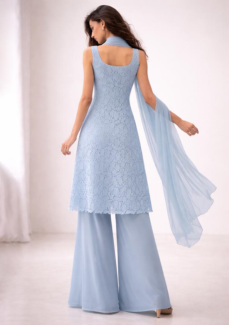 Powder Blue Embroidered Crepe Sharara Set - Indya