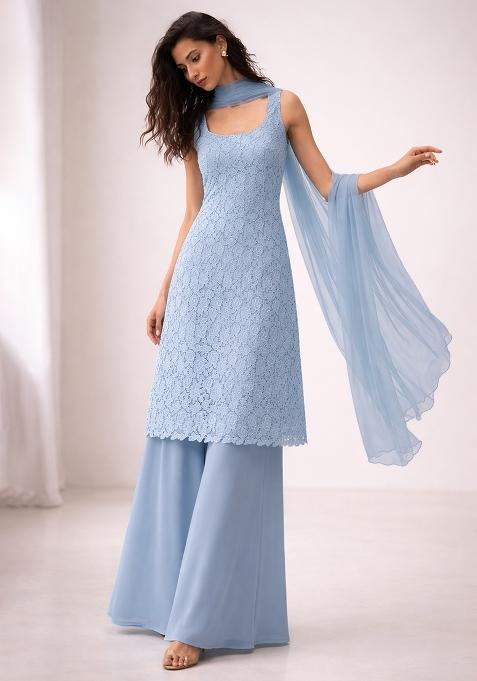 Powder Blue Embroidered Crepe Sharara Set