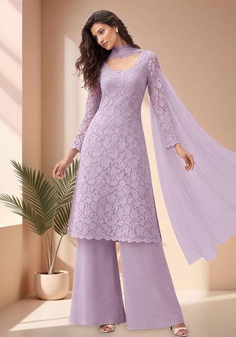 Lavender Embroidered Crepe Sharara Set