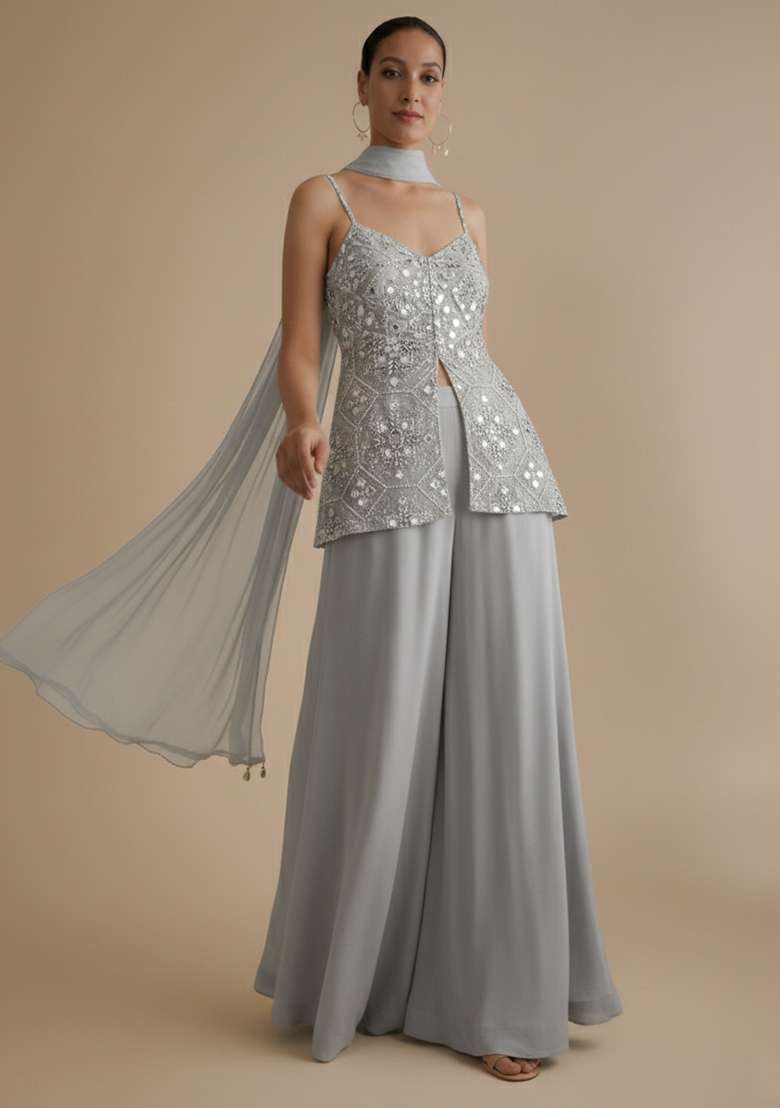 Grey Embroidered Net Fusion Set - Indya