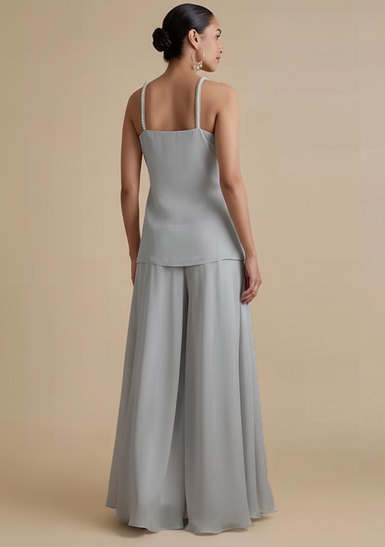 Grey Embroidered Net Fusion Set - Indya