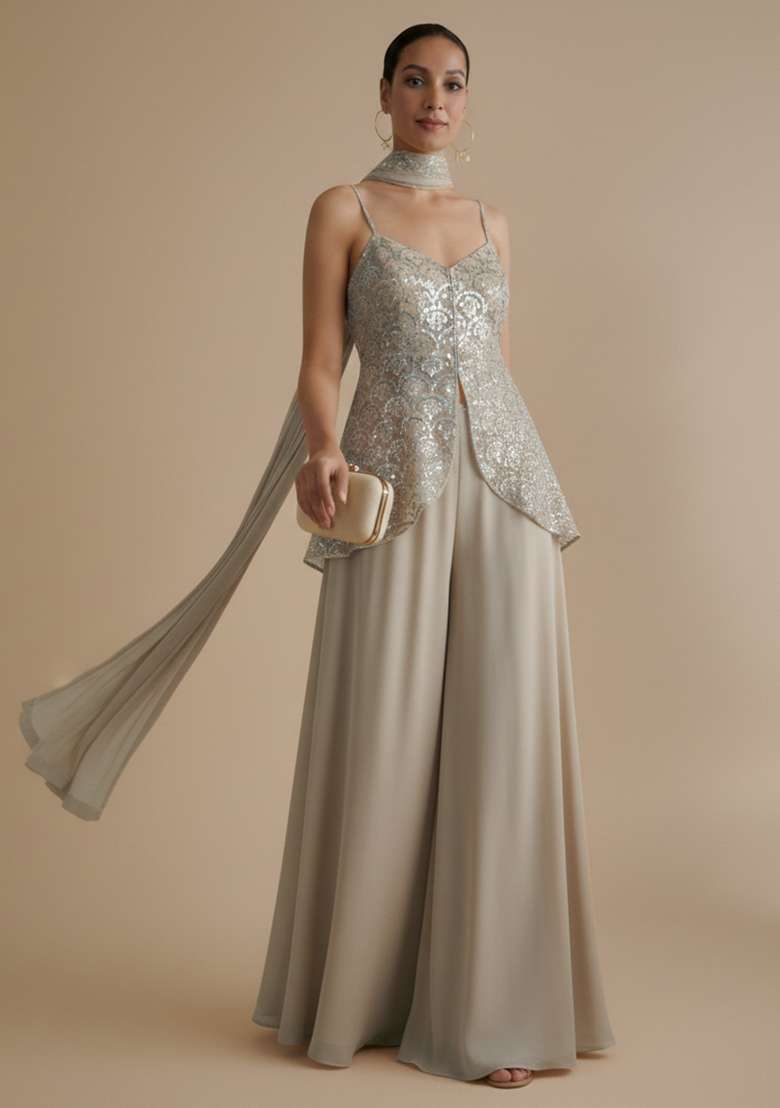 Beige Embroidered Net Fusion Set - Indya