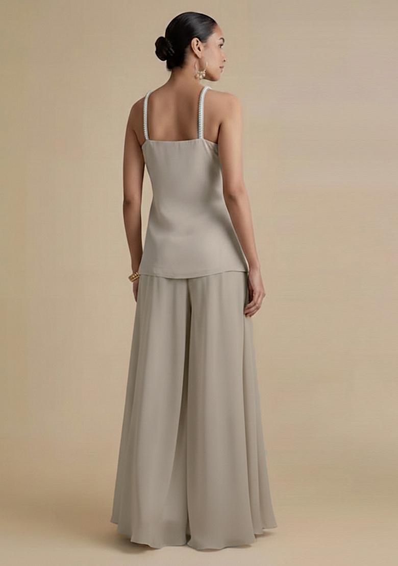 Beige Embroidered Net Fusion Set - Indya