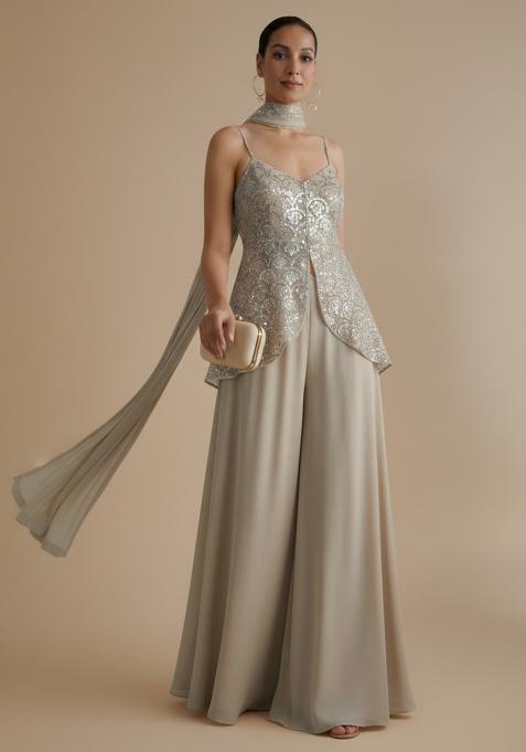 Beige Embroidered Net Fusion Set