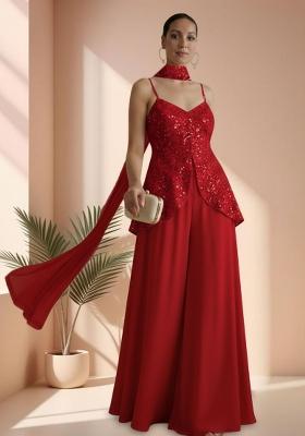 Red Embroidered Net Fusion Set