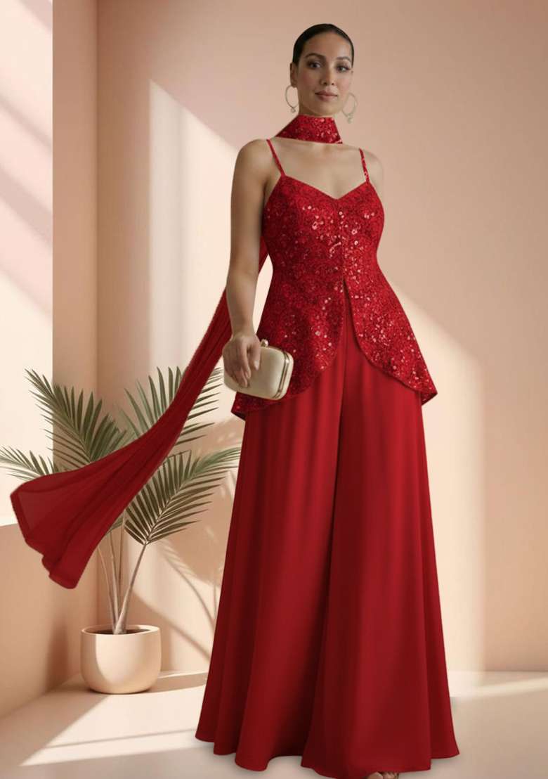 Red Embroidered Net Fusion Set - Indya
