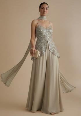 Beige Embroidered Net Fusion Set