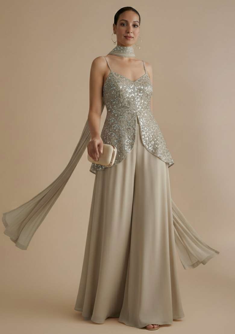 Beige Embroidered Net Fusion Set - Indya