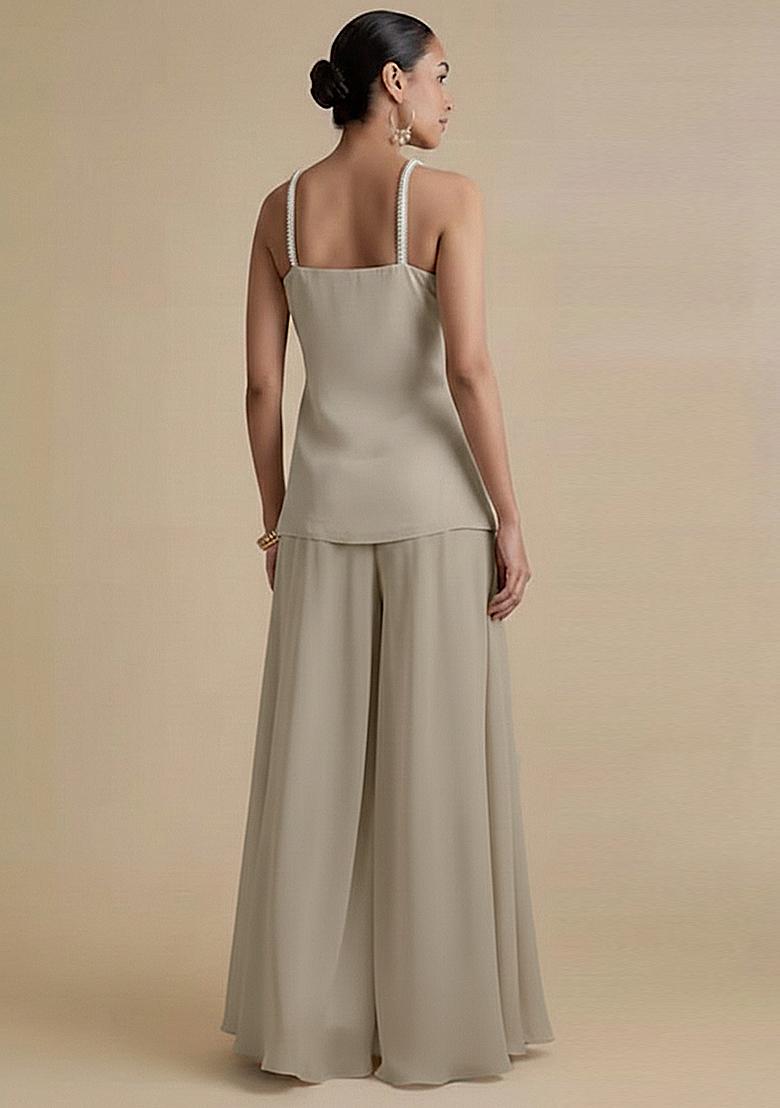 Beige Embroidered Net Fusion Set - Indya