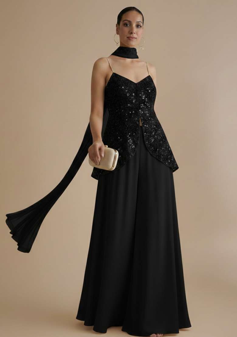 Black Embroidered Net Fusion Set - Indya