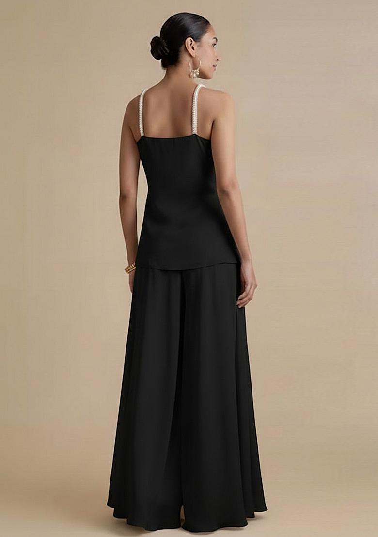 Black Embroidered Net Fusion Set - Indya