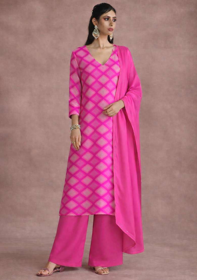 Pink Printed Satin Straight Kurta Set - Indya