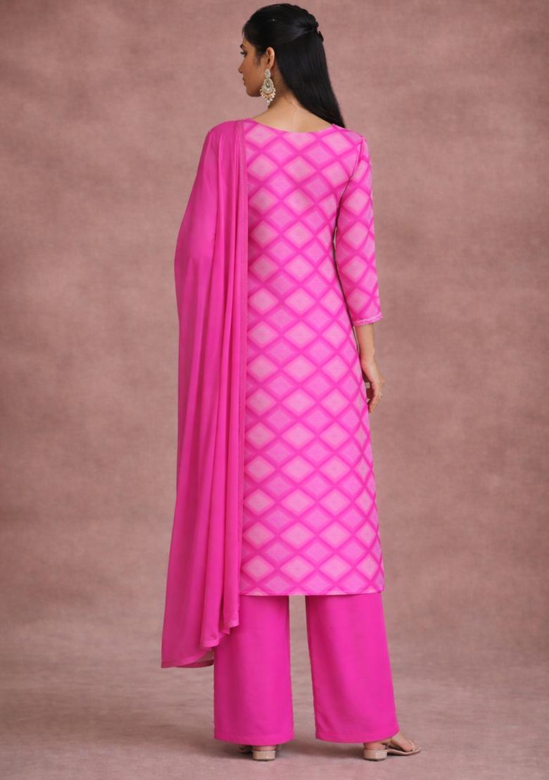 Pink Abstract Print Satin Kurta Set - Indya