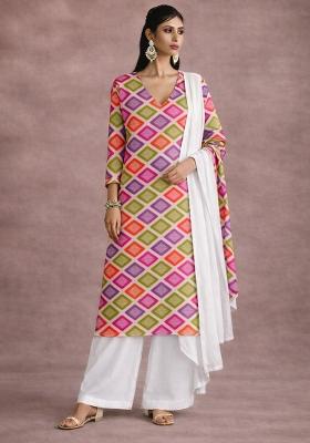 Multicolor Abstract Print Satin Kurta Set