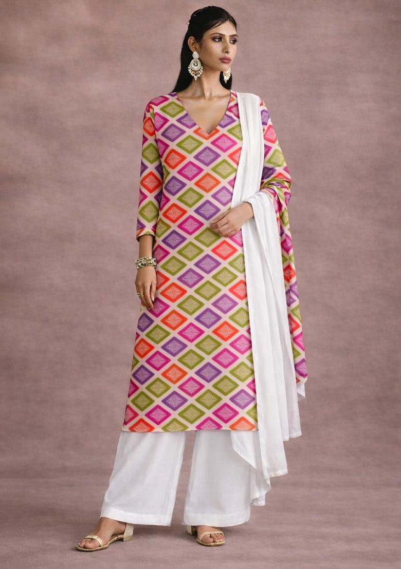Multicolor Abstract Print Satin Kurta Set - Indya