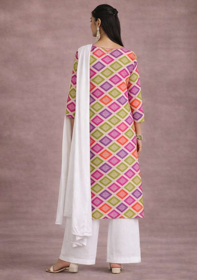 Multicolor Printed Satin Straight Kurta Set - Indya