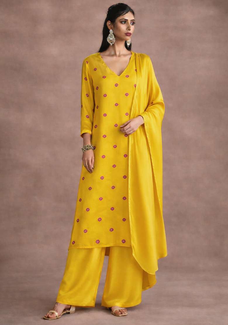 Yellow Embroidered Satin Straight Kurta Set - Indya