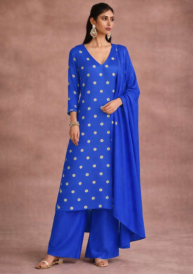 Royal Blue Embroidered Satin Straight Kurta Set - Indya