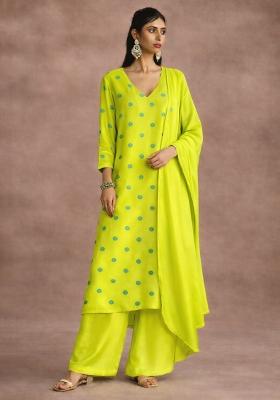 Lime Green Printed Satin Kurta Set