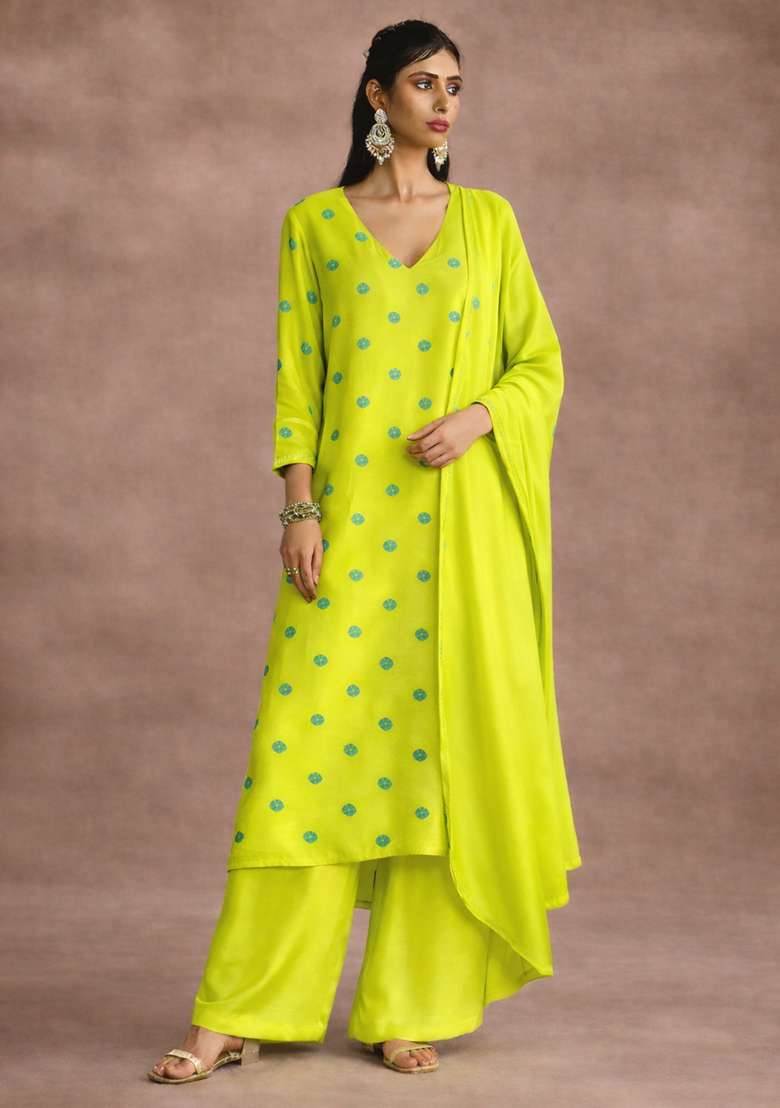 Lime Green Embroidered Satin Straight Kurta Set - Indya