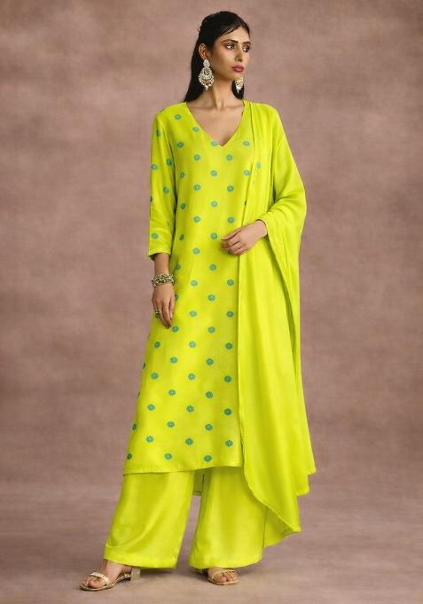 Lime Green Embroidered Satin Straight Kurta Set