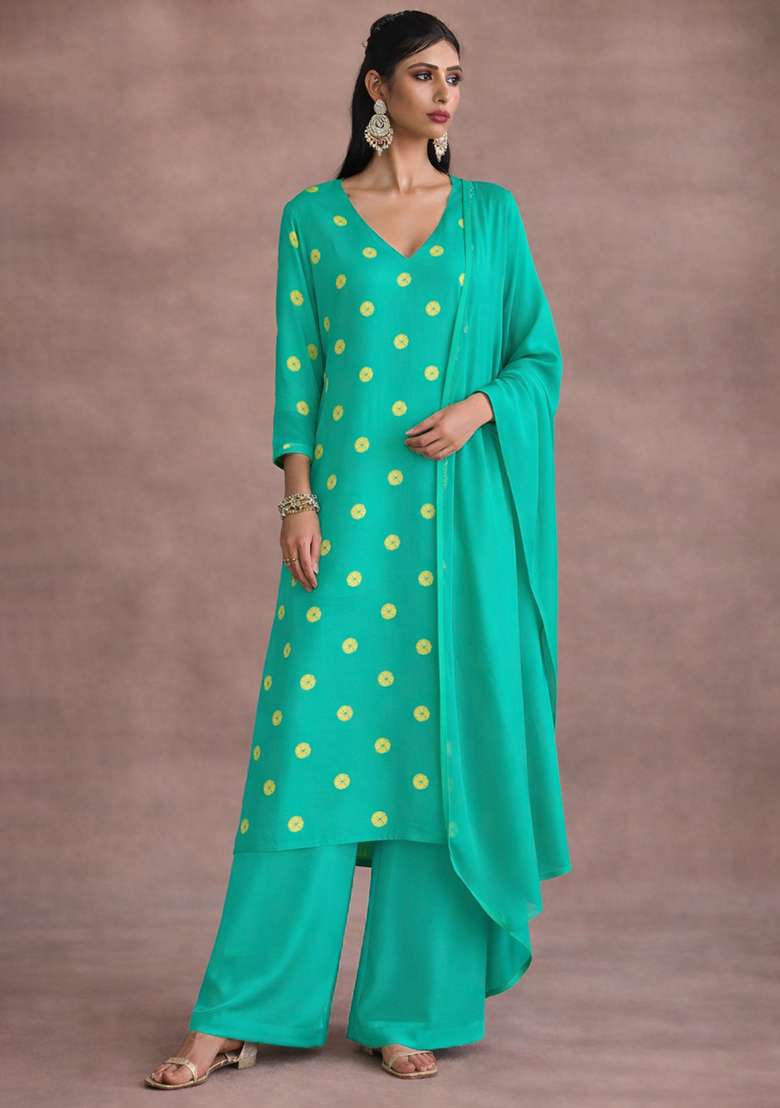 Teal Blue Printed Satin Straight Kurta Set - Indya