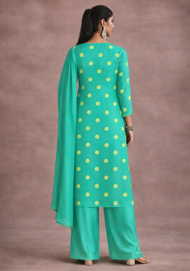 Teal Blue Printed Satin Kurta Set - Indya