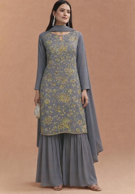Mauve Floral Print Crepe Sharara Set