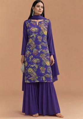 Purple Floral Print Crepe Sharara Set