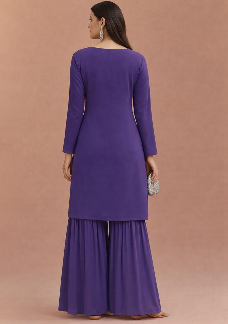 Purple Floral Print Crepe Sharara Set - Indya