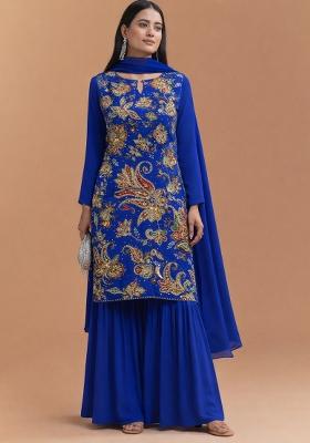 Royal Blue Floral Print Crepe Sharara Set