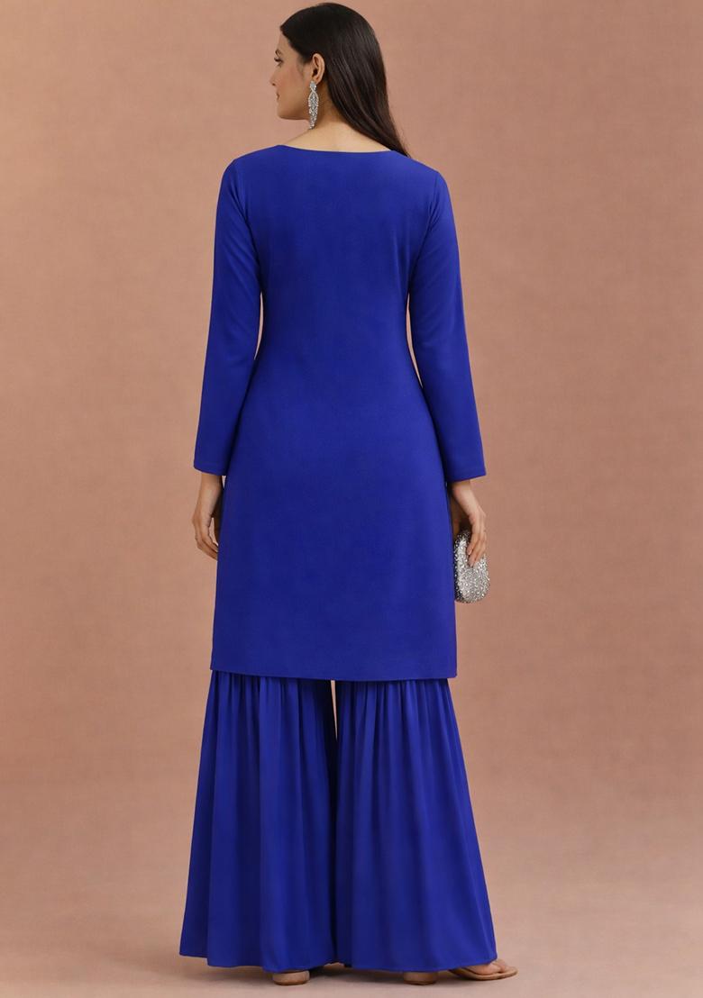 Royal Blue Floral Print Crepe Sharara Set - Indya