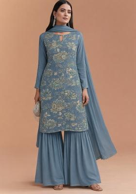 Powder Blue Floral Print Crepe Sharara Set