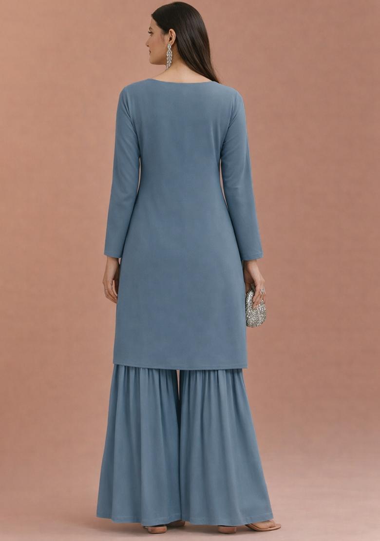 Powder Blue Floral Print Crepe Sharara Set - Indya