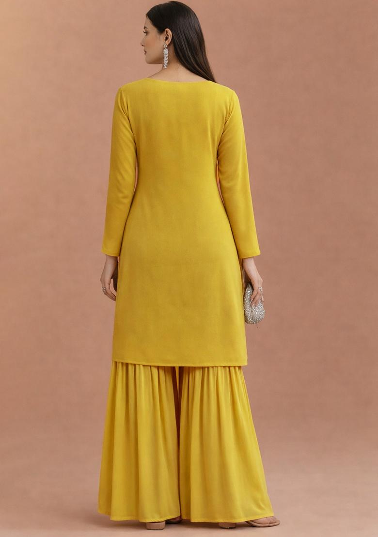 Yellow Floral Print Crepe Sharara Set - Indya