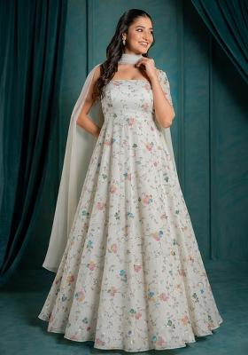 White Embroidered Tissue Anarkali With Dupatta