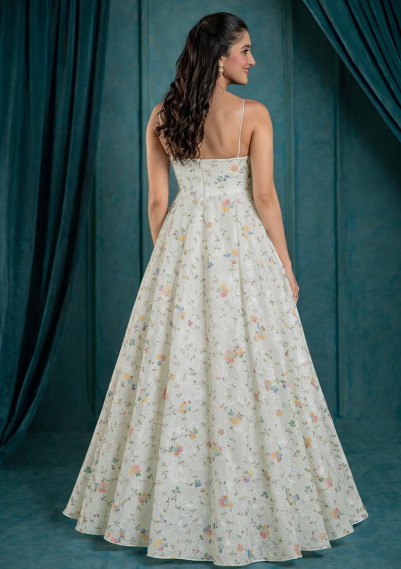 White Embroidered Tissue Anarkali With Dupatta - Indya