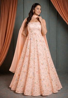 Peach Embroidered Tissue Anarkali With Dupatta