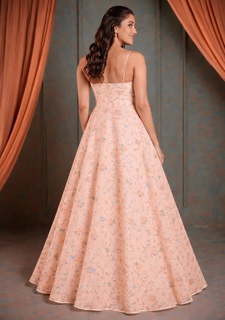 Peach Embroidered Tissue Anarkali With Dupatta - Indya