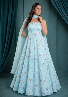 Blue Embroidered Tissue Anarkali With Dupatta