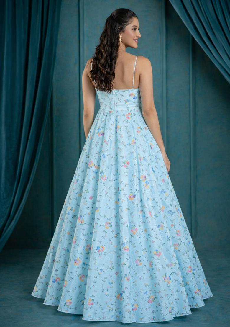 Blue Embroidered Tissue Anarkali With Dupatta - Indya