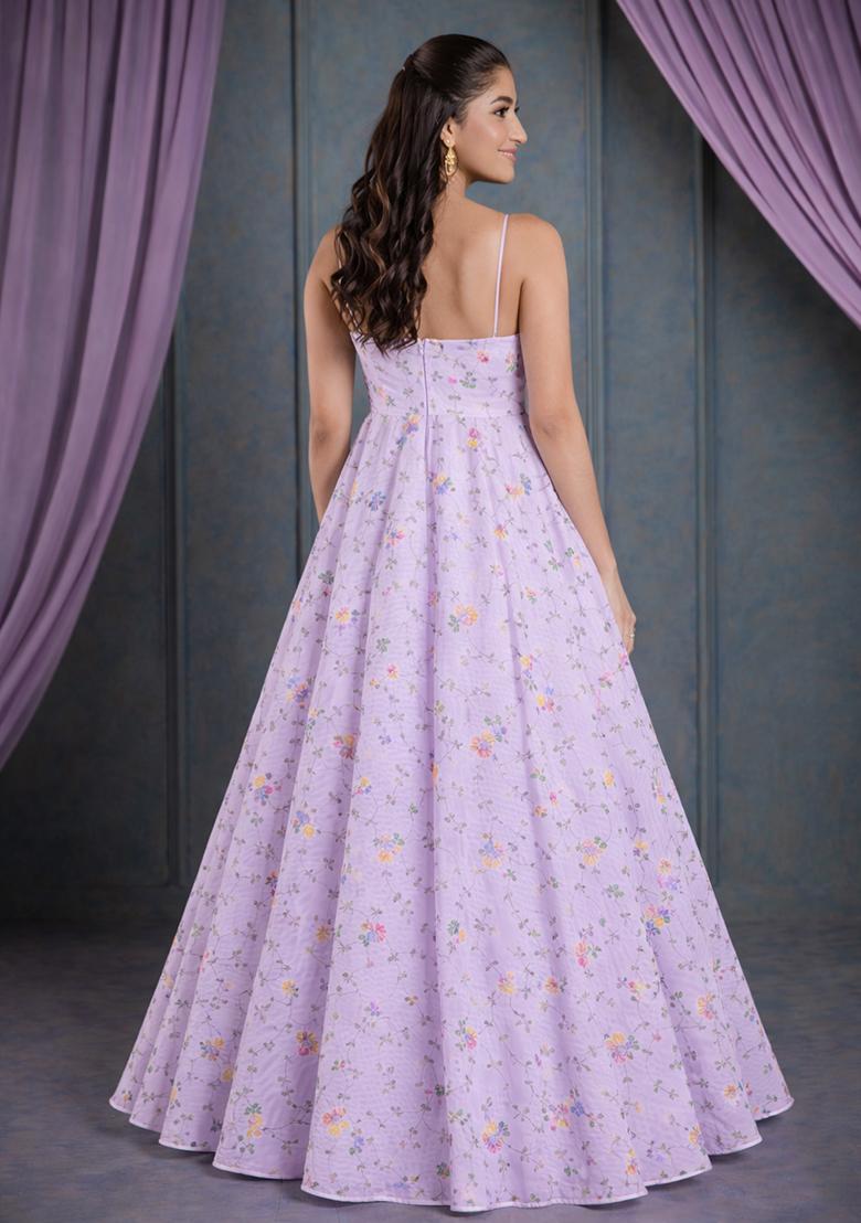 Lavender Embroidered Tissue Anarkali With Dupatta - Indya