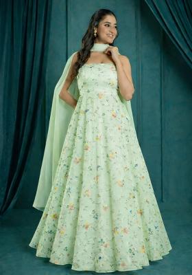 Light Green Embroidered Tissue Anarkali With Dupatta