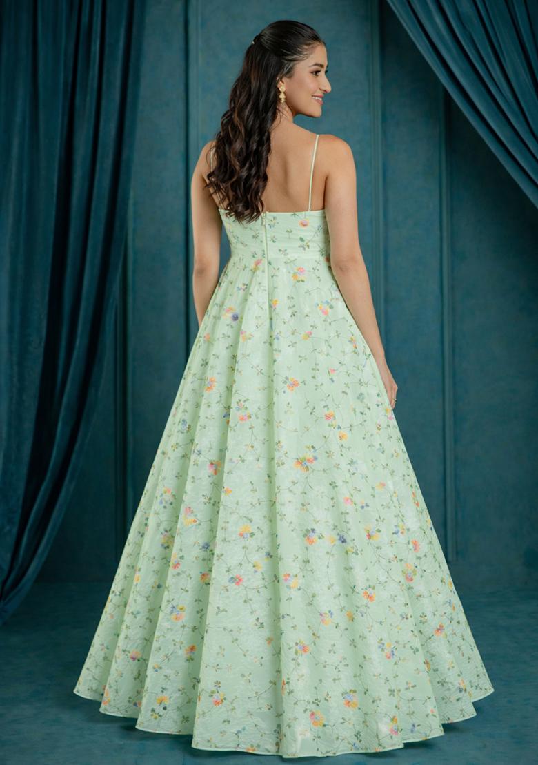 Light Green Embroidered Tissue Anarkali With Dupatta - Indya