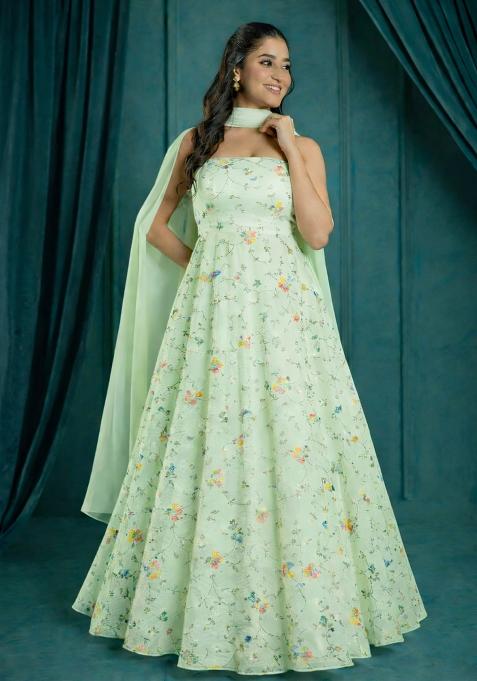 Light Green Embroidered Tissue Anarkali With Dupatta
