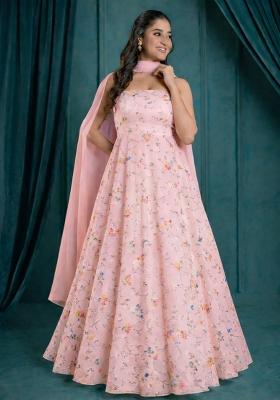 Pink Embroidered Tissue Anarkali With Dupatta