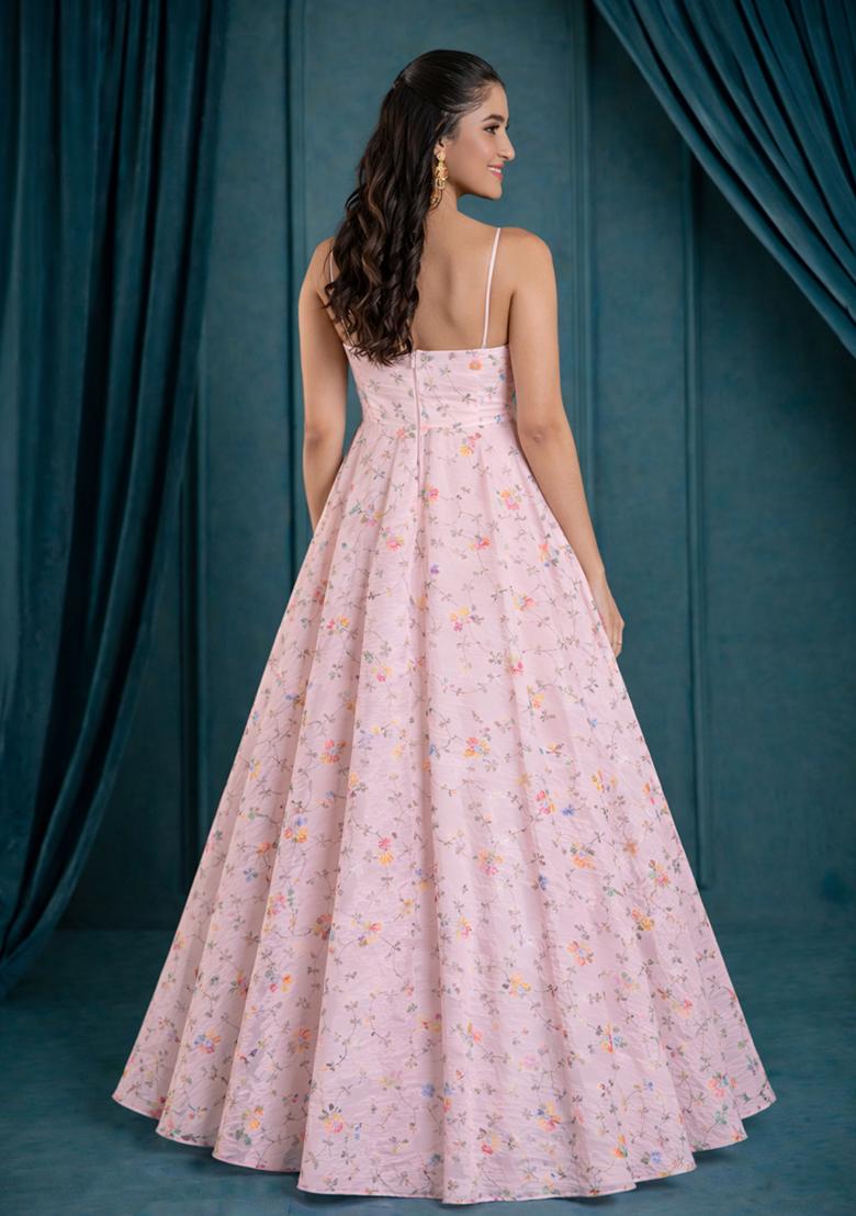 Pink Embroidered Tissue Anarkali With Dupatta - Indya